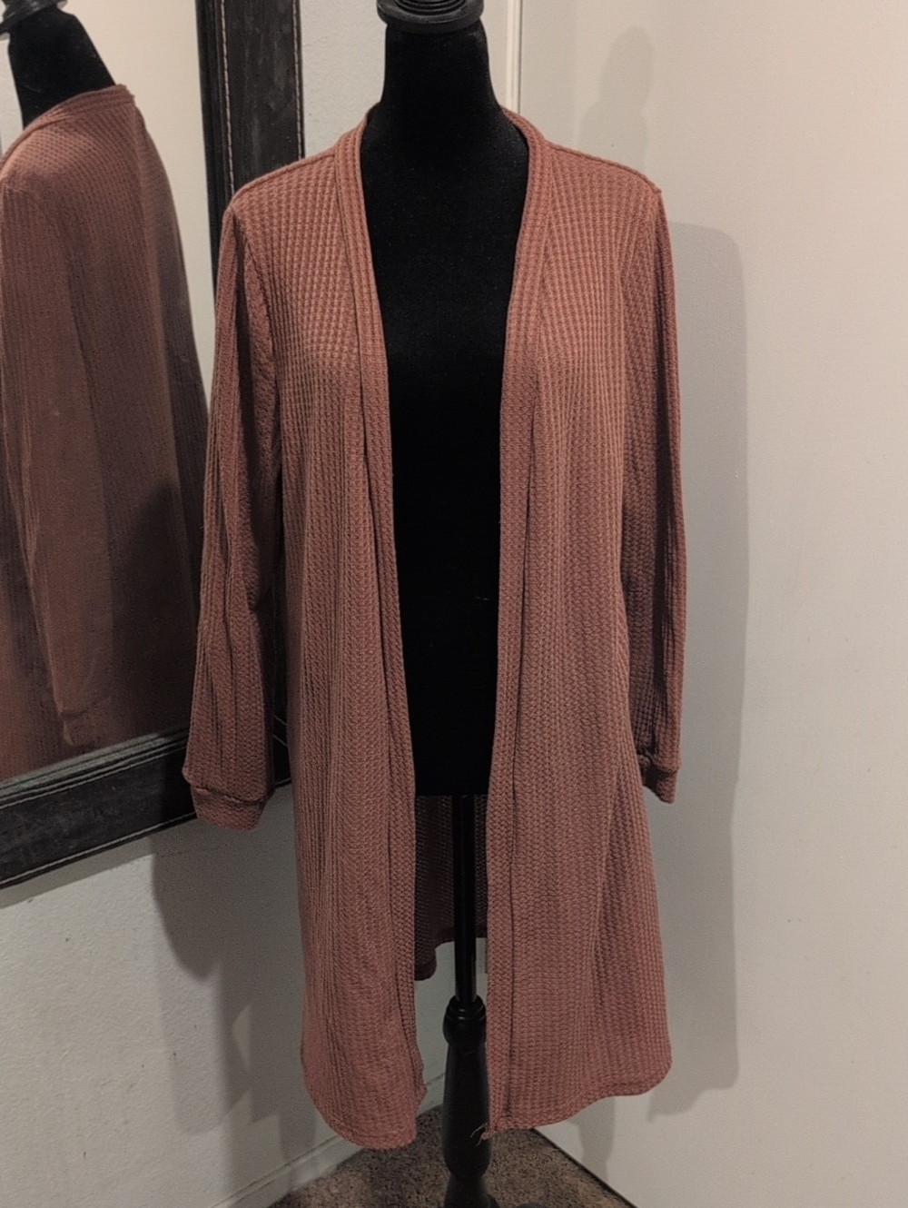 Women’s Small Dusty Mauve Waffle Knit Open Front Long Cardigan Duster